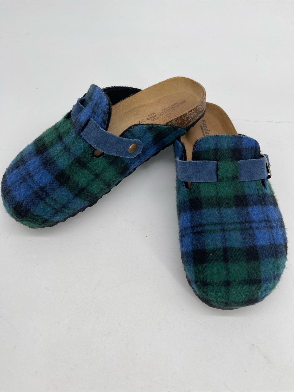 Sundance Blue and Green Plaid Wool Clogs With Buckle Women 37/6.5